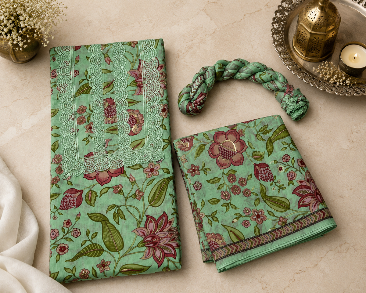 Chika Mint Green Floral Cotton 3-Piece Unstitched Suit