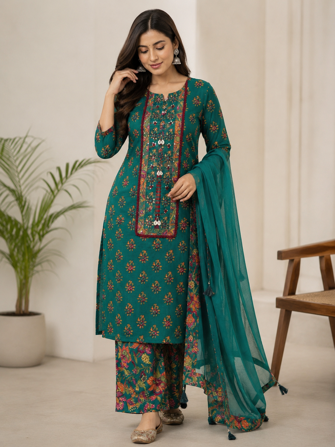 Chika Teal Green Floral Cotton 3-Piece Unstitched Suit