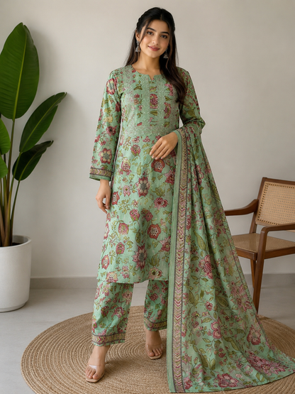 Chika Mint Green Floral Cotton 3-Piece Unstitched Suit