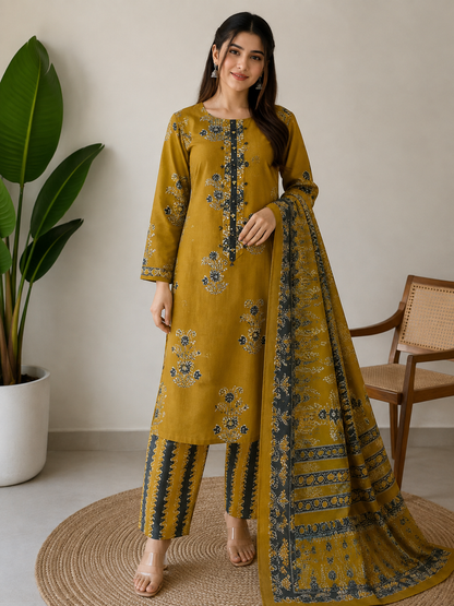 Chika Mustard Floral Cotton 3-Piece Unstitched Suit