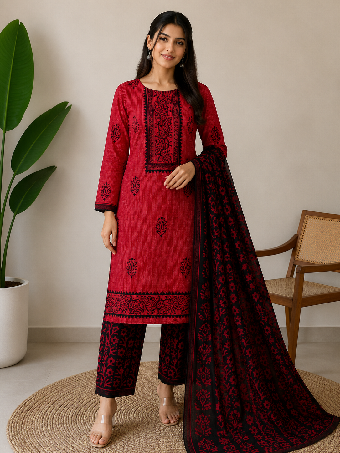 Chika Crimson Red Floral 3-Piece Unstitched Suit