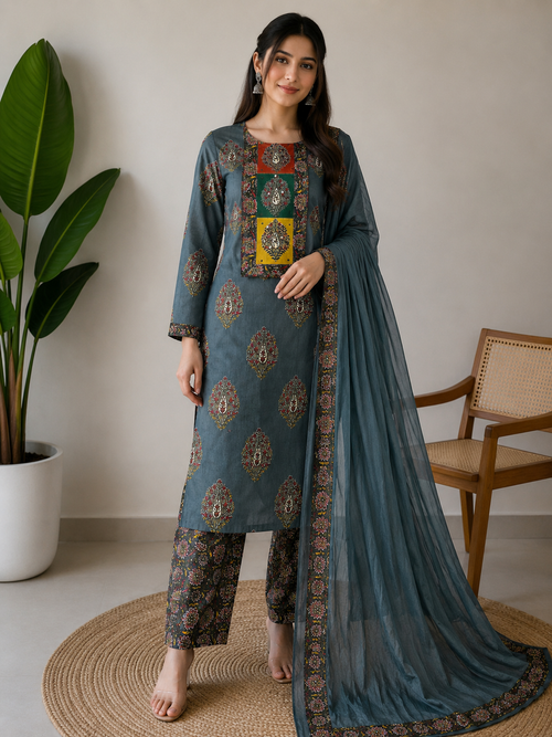 Chika Slate Blue Floral 3-Piece Unstitched Suit
