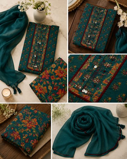 Chika Teal Green Floral Cotton 3-Piece Unstitched Suit