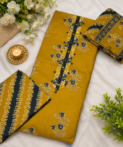 Chika Mustard Floral Cotton 3-Piece Unstitched Suit