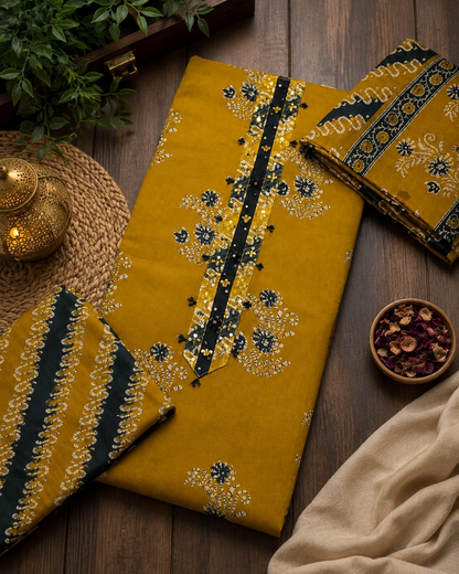 Chika Mustard Floral Cotton 3-Piece Unstitched Suit