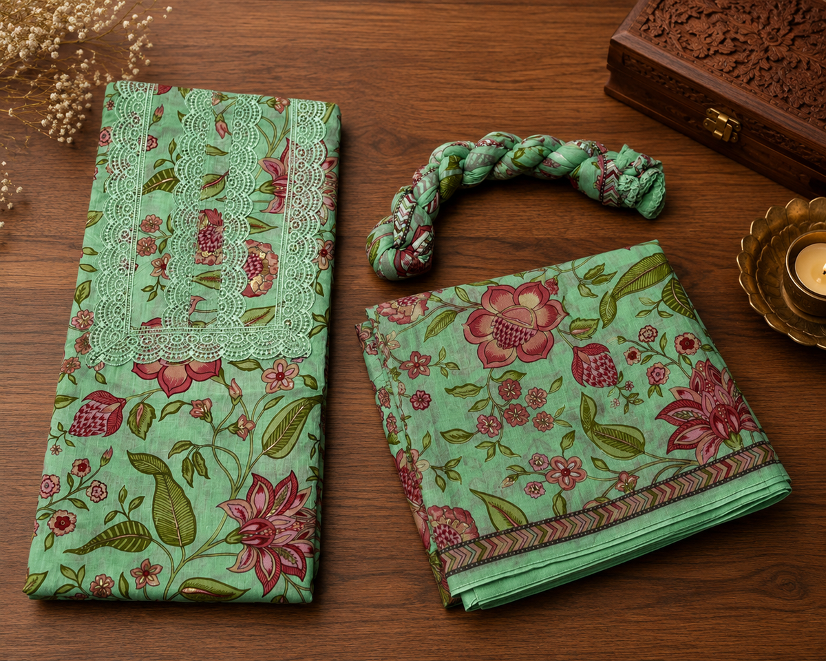 Chika Mint Green Floral Cotton 3-Piece Unstitched Suit