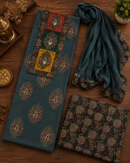 Chika Slate Blue Floral 3-Piece Unstitched Suit