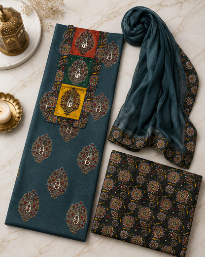 Chika Slate Blue Floral 3-Piece Unstitched Suit